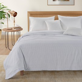 LANE LINEN Cooling Blanket Queen Size, Queen Blanket for Bed, Cozy Blanket, Lightweight Summer Blanket, Breathable Blanket for Camping, Travel, Soft Microfiber Blanket, Ticking Stripe - Cobalt Blue