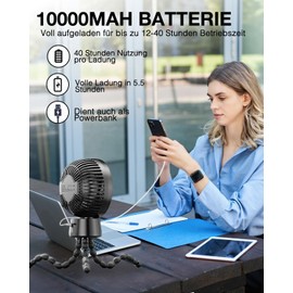 120° Oszillierend Kinderwagen-Ventilatoren, 10000mAh Akku Tischventilator Sehr Leise Laufzeit 40 Std., 3 Stufen & LED Licht Klein USB Ventilatoren, Tragbarerb Clip Fan mit Fexiblem Stativn, Ø13.5cm