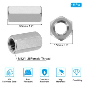 PATIKIL M12 x 1.25-Pitch 304 Stainless Steel Hex Coupling Nuts, 6Pcs 30mm/ 1.2" Length Fully Threaded Rod Coupling Nut Studding Connector Fasteners, Silver Tone