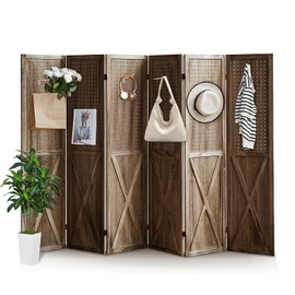 Asnefeli Peg Board Room Divider 6 Panel, Pegboard Display Room Divider and Folding Privacy Screen, 5.6Ft Wood Divider Room, Portable Pegboard Display Stand Organizer for Art, Jewelry, Store (Brown)