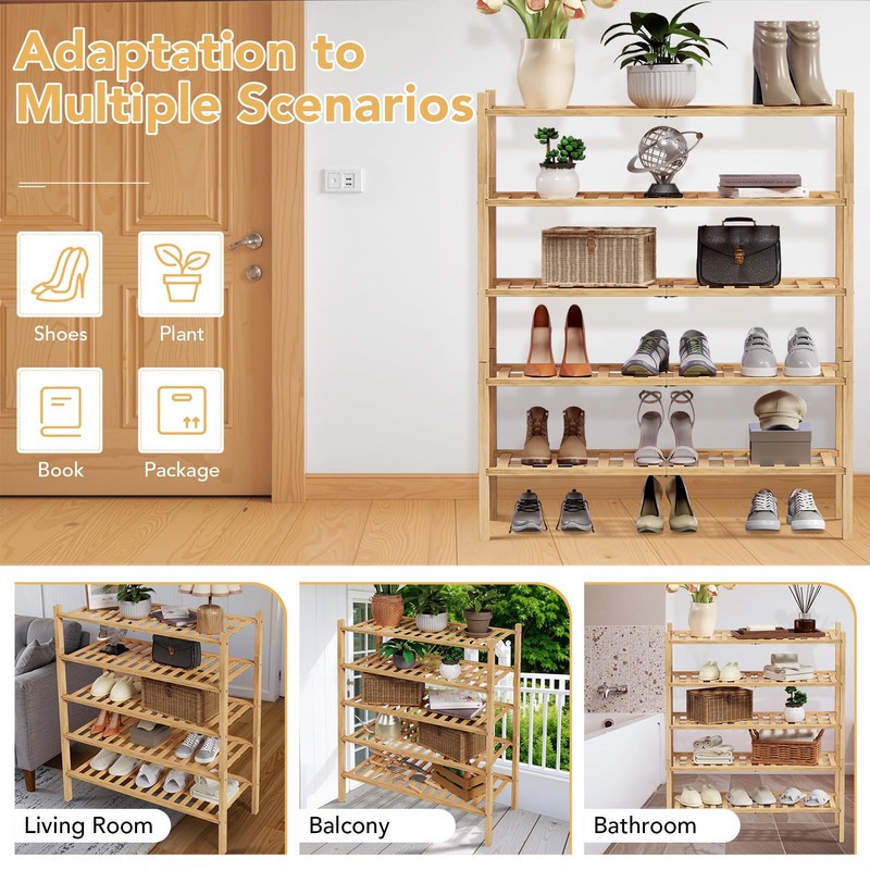 Haddockway 5 Tier Bamboo Shoe Rack Storage Organizer, Multifunctional Free