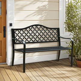 Sophia & William Outdoor Bench, 50 inches Metal Garden Bench, Cast Iron Park Benches for Outside with Floral Backrest and Straight Legs for Porch Yard Lawn Deck,Black