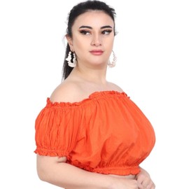 Wevez Women's Tribal Style Summer Cotton Puff Sleeve Crop Top Blouse, Orange