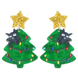 Acrylic Xmas Tree Cat Dangle Drop Studs Earrings for Women Girls Colorful Resin Star Tree Bulb Black Cat Animal Festival Ornamenet Drop Dangling Stud Bohemian Retro Christmas Holiday Party Jewelry