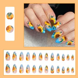 24Pcs Almond False Nails Short, French Tips Press on Nails Cute Sunflower Acrylic Full Cover Stick on Nails with Glue Stickers, Oval Glossy Artificial Fake Nails for Women Girls
