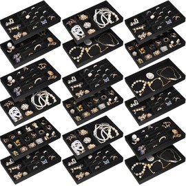 Junkin 18 Pcs Velvet Jewelry Tray Stackable Jewelry Drawer Organizer Dresser Inserts Closet Jewelry Box Divided Display Tray for Bracelet Brooch Necklace Ring Earring Watch Bangle(Black)