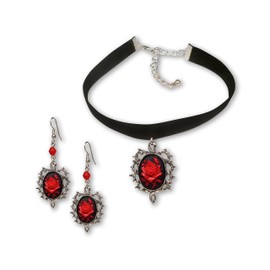 Gothic Red Rose Cameo Black Velvet Choker and Dangle Earrings Jewelry Set