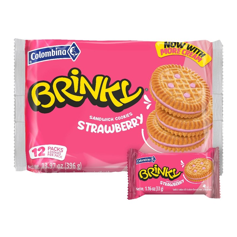 Colombina Brinky Strawberry Cream Cookies,12 Individual Packs, 4 Sandwich Cookies