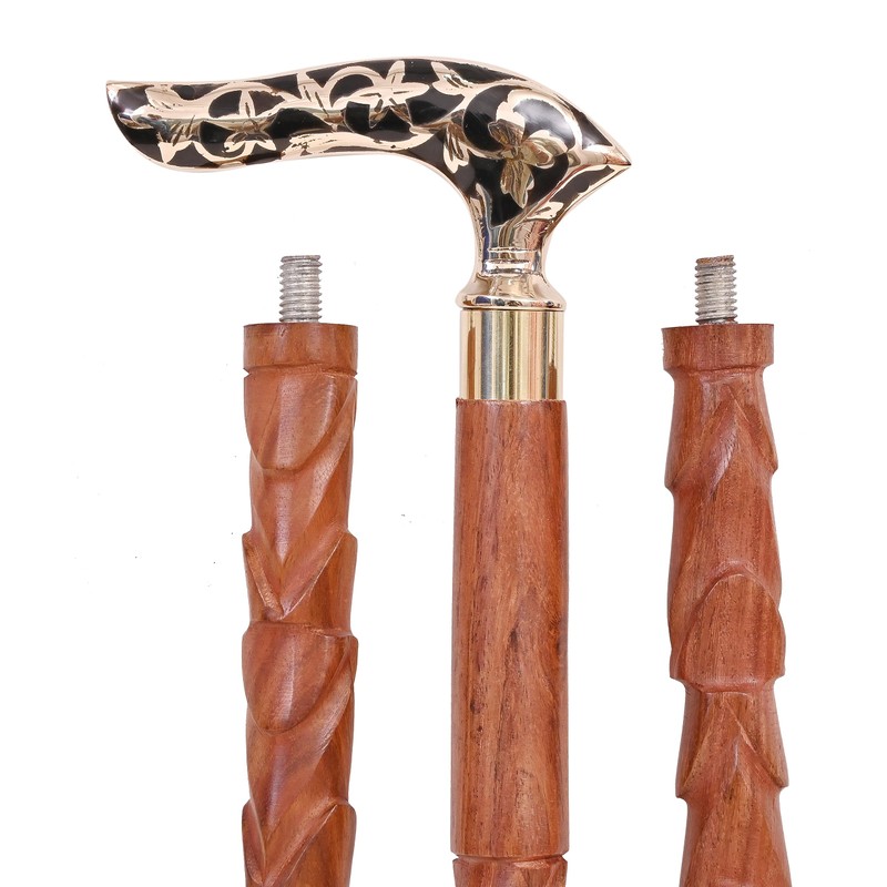 Solid Wood Handicrafts Vintage Unique Walking Stick Wooden Cane Brass