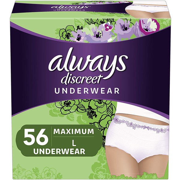 Always Discreet, Incontinence & Postpartum Underwear for Women, Maximum, Large, 56 Count
