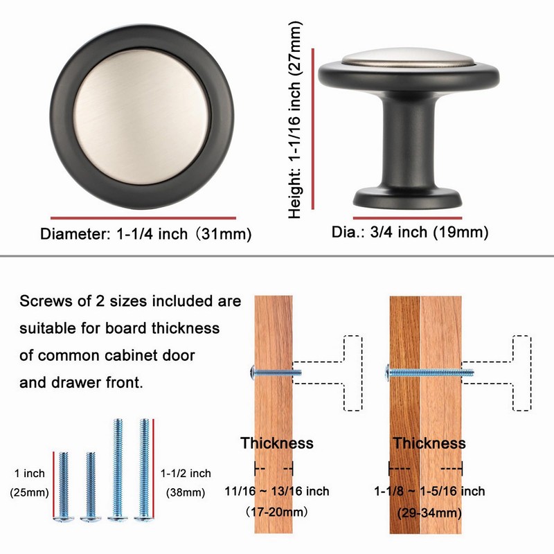 KOOFIZO Black and Chrome Cabinet Knobs, 10-Pack Round Cabinet Pulls