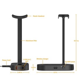 COZOO Headphone Stand with Fast Wireless Charging Pad and 2 USB Charging Ports, Suitable for Gaming, DJ, Wireless Earphone Accessories