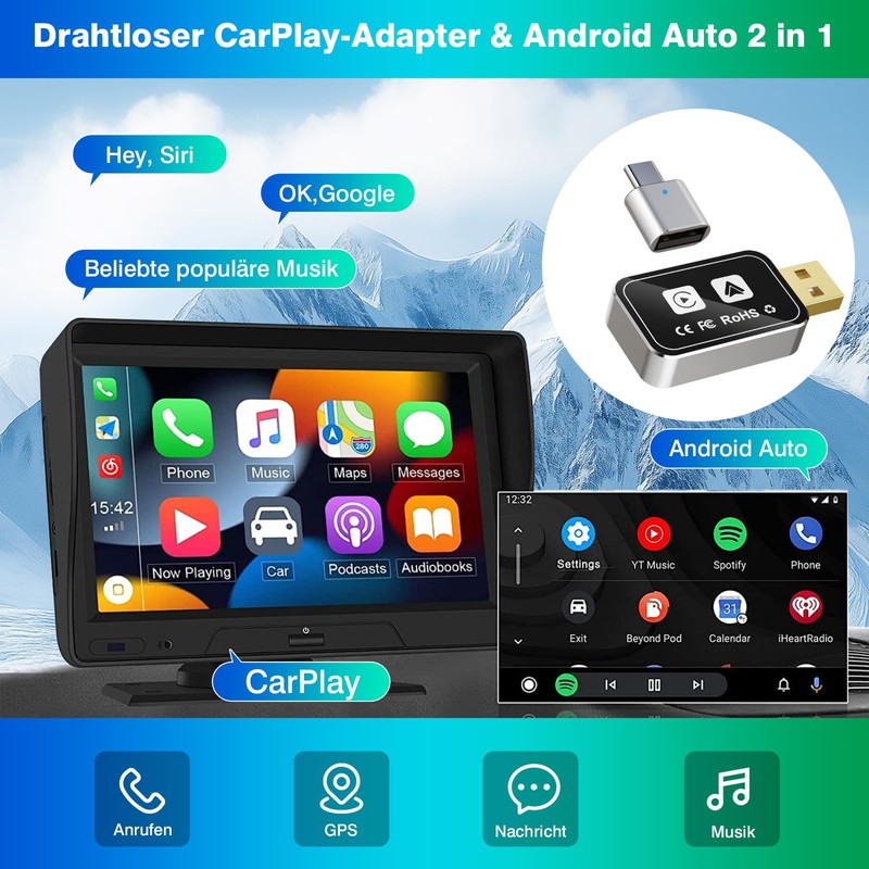 2-in-1 Wireless Carplay and Android Car Wireless Adapter, Convert Wired