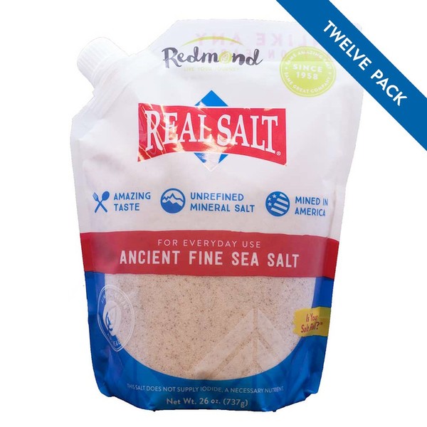 Redmond Real Salt - Ancient Fine Sea Salt, Unrefined Mineral Salt, 26 Ounce Pouch (12 Pack)