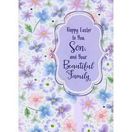 Designer Greetings Light Purple 3D Banner Over Purple Ribbon, Gems and Repeated Small Flowers Hand Decorated Easter Card for Son and Family