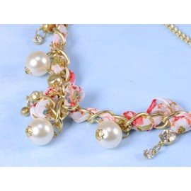 Alilang Overlay Double Chain Flower Ribbon Lace Faux Pearl Bead Crystal Rhinestone Necklace