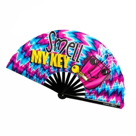 Kandies World Custom Festival Folding Hand Fan - Unique Designs, Made of Bamboo, Clacking Sound, Lightweight - Perfect Rave and Festival Accessory!… (Smell my Key)