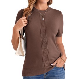 Arach&Cloz Womens Cute Cable Knit Summer Tops Short Sleeve Shirts Dressy Casual Crewneck Ladies Sweater 2025 Coffee Brown