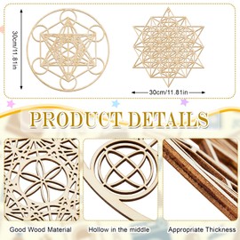 Leinuosen 4 Pcs 12 Inch Crystal Grid Board Sacred Geometric Wall Art Set Metatron Cube, Flower of Life, Sri Yantra, 64 Star Tetrahedron Pagan Decor Home Wall Decor for Room Hanging(Classic Style)