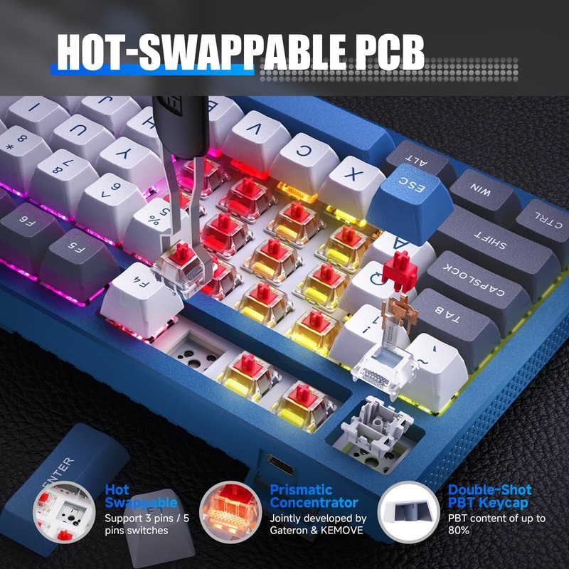 KEMOVE K87 Wireless TKL Mechanical Gaming Keyboard, Hot-swappable, RGB Backlit,