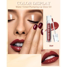 Hydrating Lip Tint Stain-1Pcs Tinted Plumping Lip Glow Oil, Moisturizing Water Lip Stain Makeup, Pigmented Non-Sticky Vegan Lip Gloss, Multi-Use Lip & Cheek Tint, Nude Glossy Finish, Cruelty Free-06#