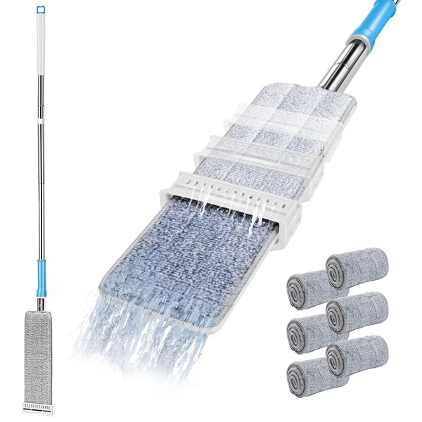 Masthome Microfiber Mop Floor Mop with Integrated Drainage Flat Mop with 6 Reusable Mop Pads, for Hardwood, Laminate, Tiles, Floor Cleaning