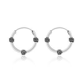 AeraVida Balinese Tribal Art 12mm Triple Braided Rope Sterling Silver Hoop Earrings | Classic Sterling Silver Earrings | Vintage Earrings for Women | Small Ball Hoop Earrings