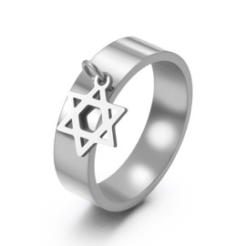TEAMER Star of David Ring Stainless Steel Ring With Star of David Pendant Jewish Hexagram Judaism Amulet Jewelry For Women Men (Silver, 9（59.7mm）)