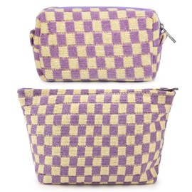 SOIDRAM 2 Pcs Checkered Makeup Bag Large Cosmetic Bag Toiletry Bag Makeup Pouch Travel Bag Organizer Cute Makeup Brushes Aesthetic Accessories Storage Bag for Women Purple