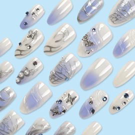 Almond Press on Nails Medium Fake Nails French Tip False Nails with Silver 3D Butterfly Designs Cute Glossy Artificial Nails for Women 24pcs