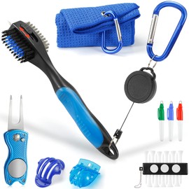 sprookber Golf Accessories Set - PRO Retractable Golf Club Brush, Microfiber Waffle Pattern Golf Towel, Golf Divot Repair Tool, Golf Ball Marker - Golf Club Cleaning Kit, Golf Accessories for Men