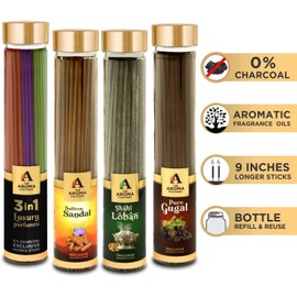 The Aroma Factory Organic Incense Sticks Aromatic Fragrances | Kesar Chandan, Shahi Loban, Gugal & 3in1 | No Charcoal, Scented Incense | Herbal Pooja Agarbatti | 4x100g Jute Bag Giftset