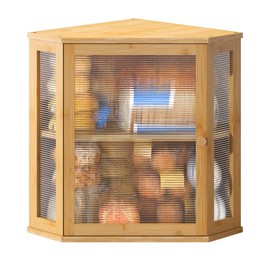 BMOSU Corner Bread Box for Kitchen Countertop Double Layer Bamboo Wooden Bread box Large Capacity Bread Storage Bin(Natural, Medium)