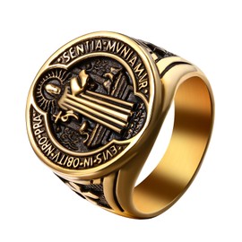 JewelryWe Saint Benedict Medal Ring: Men Gold Stainless Steel Catholic Signet Ring Religious Cross Exorcism Jewelry Gift Rings Size P1/2-Z1/2