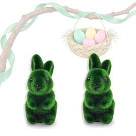 2Pcs Moss Flocked Bunny Easter Decorations 11CM Moss Rabbit Grass Furry Bunny Figurine Topiary, Spring Party Garden Yard Ornament Miniature for Fairy Gardens
