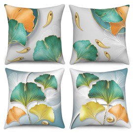 Uiiooazy Ginkgo Cushion Cover, Turquoise Green Gold Leaves Pattern Square Cushion Cover Velvet Decorative Cushion Cover for Sofa Couch Bedroom Living Room Car Cafe Home, Set of 4, 40 W x 40 cm