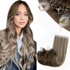 RUNATURE Real Hair Extension Balayage Brown Blonde 40 cm Micro Ring Extensions Real Hair Ombre Brown Balayage Blonde Straight Hair Extensions Real Hair Micro Ring 1 g 50 Strands #3/8/22