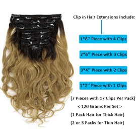 Caliee Natural Wave Human Hair Curly Clip in Hair Extensions Ombre Natural Black Fading into Strawberry Blonde Clip Ins 16Inch 120G Remy Human Hair Extensions for Black Women 7Pcs