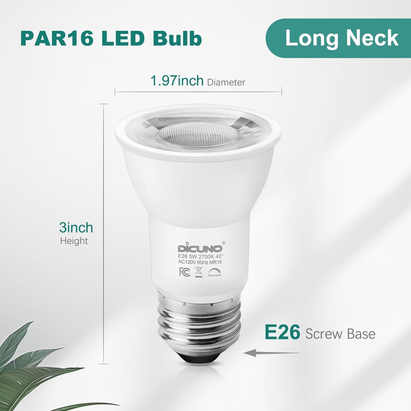 DiCUNO PAR16 LED Bulb Dimmable, 5W Long Neck Spotlight Bulb,