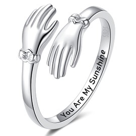 You Are My Sunshine Hug Rings: Sterling Silver Hand Hugging Stacking Ring for Teen Ladies Love Hugs Motivational Rings for Women Mothers Day Birthday Gifts for Daughters Mom Teen Wife Friends Grandma