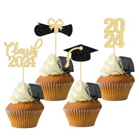 Paquete de 36 decoraciones para magdalenas de graduación 2023 con purpurina clase de 2023 para magdalenas, gorro de graduación, diploma, púas para magdalenas, 2023, decoraciones para tartas, suministros dorados