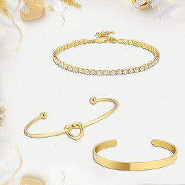 3pcs Gold Bangle Bracelets for Women, 14k Gold Plated Bracelet Love Knot Bracelets, Tennis Bracelets Gifts for Women Stack Cuff Bangles Adjustable Jewelry Set