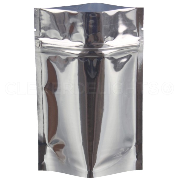 CleverDelights Silver Stand Up Pouches - 2oz - 100 Pack - 4" x 6" x 2" - Resealable Bag