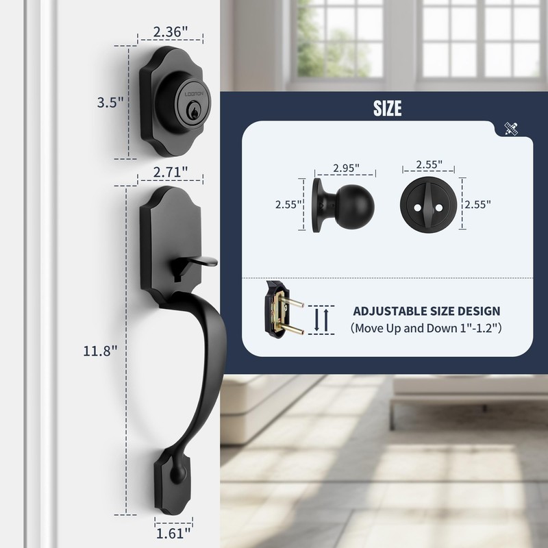 LOQRON Heavy Duty Front Door Handle Set Matte Black Entrance