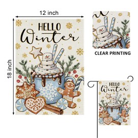 Covido Hello Winter Hot Cocoa Decorative Garden Flag, Snowman Gingerbread Cookie Candy Red Berry Gold Snowflakes Yard Outside Decorations, Blue Christmas Outdoor Small Home Decor Double Sided 12x18