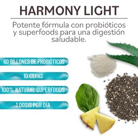 Probioticos 60 Billones con Enzimas Digestivas de Origen Vegetal, Espinaca, Chía, Piña e Inulina de Agave, 1 Cápsula al Día para 2 Meses de Consumo, 10 Cepas de Probioticos Prebioticos y Lactobacilos, Alova Superfoods, Harmony Light, Vegan Probiotics, Gl