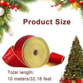 Christmas Ribbon, 2.5in X 10 Yard Wired Velvet Christmas Tree Ribbon with Gold Edge, Wide Christmas Ribbon, Christmas Tree Decorations Floral Wreath Bows Ribbon (Red)