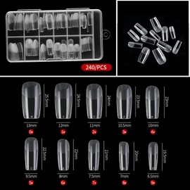Eupneicu False Nail Tips, Pack of 240 False Nail Acrylic Artificial Nail Tips, Full Cover Nail Tips, Transparent for Nail Salons, Starter DIY, 10 Sizes