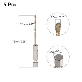 sourcing map 5 Pcs High Speed Steel Hex Shank Twist Drill Bit, 2.5mm Drilling Dia with 1/4 Inch Hex Shank 75mm Length