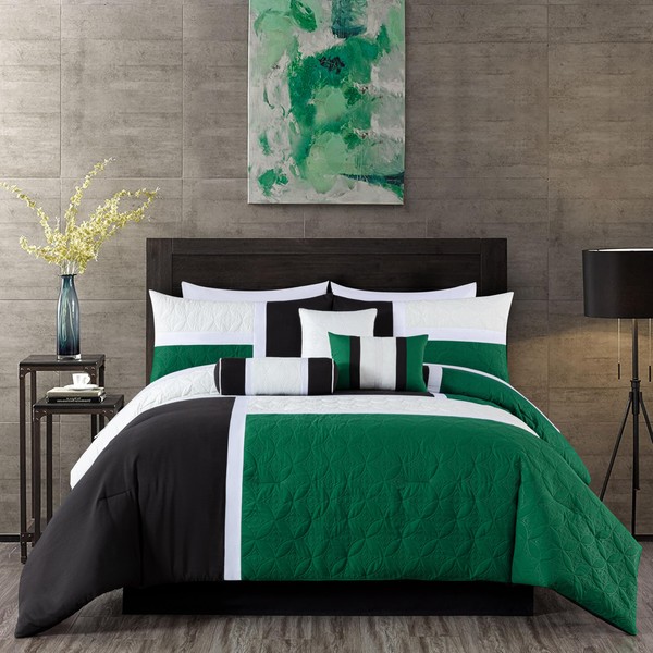 Chezmoi Collection Upland 7-Piece Quilted Patchwork Comforter Set, Green/Black/Cream White,